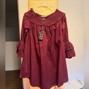 Smocked Off-Shoulder Ruffle Sleeve Tunic Top - Burgundy